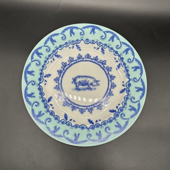 Anthropologie Dinner Plate Pig Squirrel Japan White Blue Decor Farmhouse Retired - Picture 2 of 10